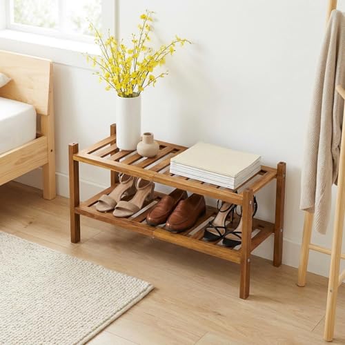 VICTORY RELAX Natural Acacia Wood 2-Tier Folding Shoe Rack – Space-Saving Wooden Shoe Organizer Shelf for Entryway, Hallway, Mudroom, or Closet – Compact Indoor Storage for Footwear & More - color: Nature