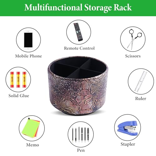 Round Leather Art Supply Organizer,Remote Control Holder,360 Degree Spinning,Multi-Functional Pencil Holder,4 Compartments Desktop Stationary Organizer(1-Rich Flower Gold) - color: 1-Rich Flower Gold
