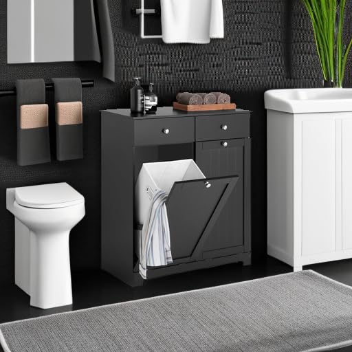 Haotian Tilt-out Bathroom Laundry Cabinet Hidden Hamper Organizer with Double Baskets and Drawers Storing Unit Storage Chest Cupboard, Black BZR33-SCH - color: Black, size: 2 Baskets