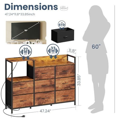DUMOS TV Stand Dresser with 8 Fabric Drawers & Open Shelves, TV Stand for Up to 45 inch TV with Wooden Top, Entertainment Center with Charging Station for Living Room, Hallway, Brown - color: Brown, size: 47.24"D x 11.8"W x 33.85"H (8 Drawers)