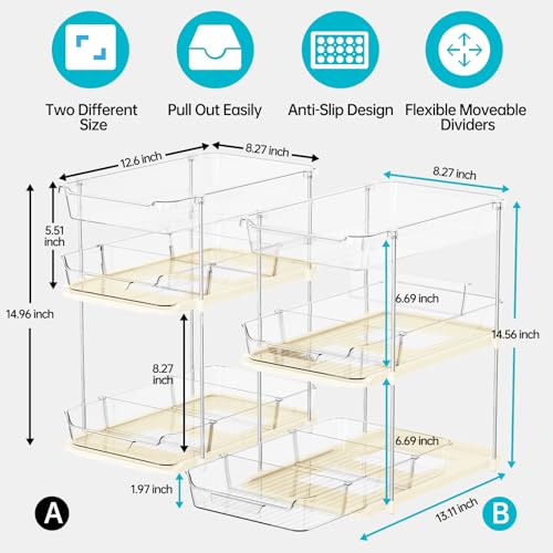 Delamu 2 Pack 3-Tier Bathroom Under Sink Organizers and Storage, Multi-Purpose Stackable Pantry Organization and Storage, Pull Out Clear Kitchen Bathroom Cabinet Organizer with Movable Dividers, Beige - color: Beige, size: 2 Pack 3-Tier
