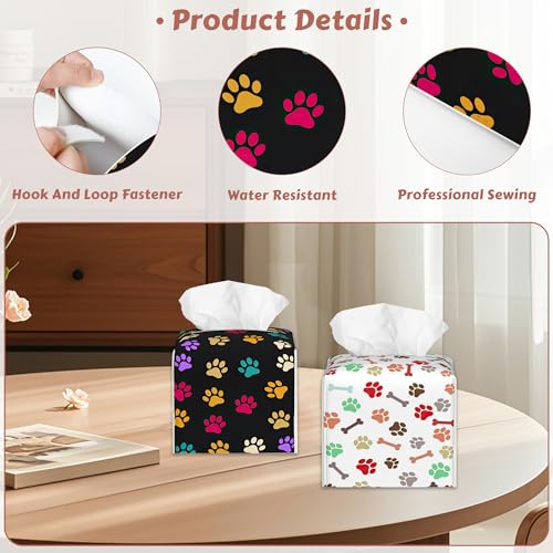 Tissue Box Cover Square, Colourful Paw Prints Tissue Box Holder Leather Facial Paper Case Modern Home Decoration for Bathroom Kitchen Bedroom Night Stands, 2 Pcs - color: Colourful Paw Prints