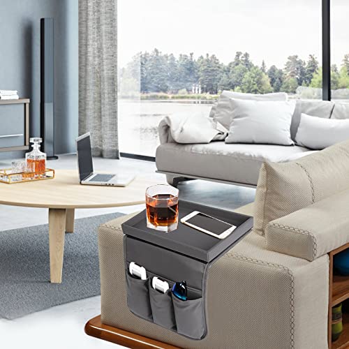 Couch Caddy, Armchair caddy with Detachable Tray, Non-Slip PU Leather Remote Control Holder for Recliner with 5 Pockets (Light Grey) - color: Light Grey