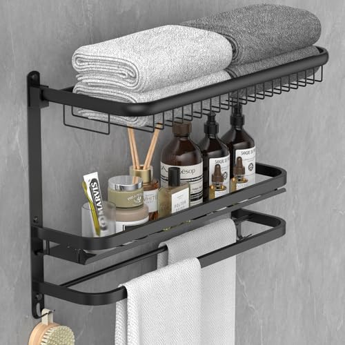 CAXIMSY Foldable 23.22 Inch Rowel Rack Wall Mounted with Bathroom Shower Shelves Stainless Steel Towel Bar Without Drilling and Screw Installation (Black) - color: Black