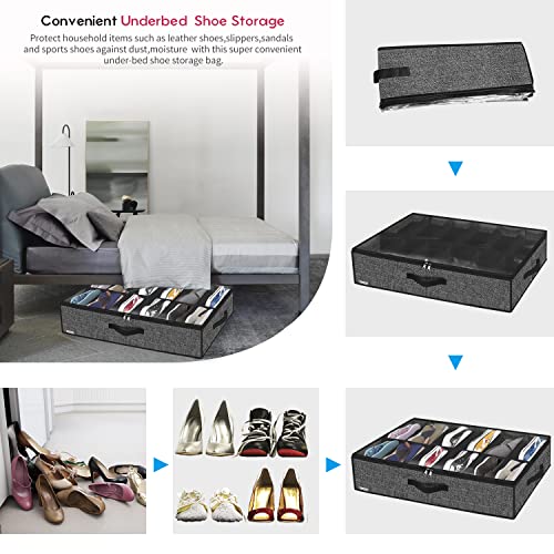 Onlyeasy Sturdy Under Bed Shoe Storage Organizer, Set of 2, Fit 12 to 24 Pairs, Underbed Shoes Closet Storage Solution with Clear Window, Breathable, L29.3 x W23.6 x H5.9, Linen-like Black, MXAUBSB2P - color: 2 Shoes (12+12 Cells) Linen-like Black