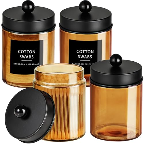 Amolliar Bronze Glass Apothecary Jar, Qtip Holder Metal Lid & Stickers, Bathroom Qtip Dispenser Storage Canister, Perfect for Cotton Balls, Cotton Swabs, Makeup Pads, Bath Salt, Floss, 4 Pack (Black) - color: Amber-Black Lid