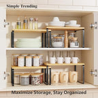 Simple Trending Bamboo Cabinet Organizer Shelf, Set of 2 Kitchen Counter Shelves, Stackable Expandable Spice Rack Kitchen Storage, Black and Natural Beige