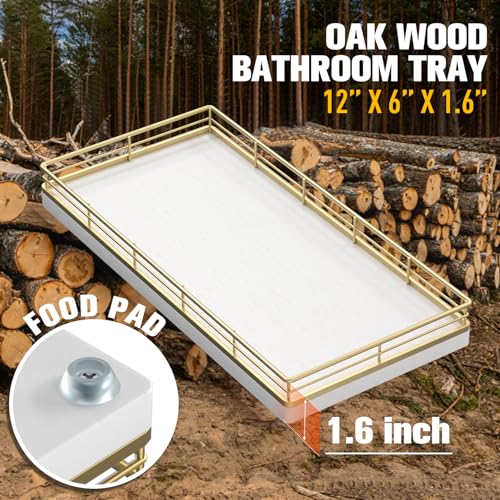 Bathroom Vanity Tray for Countertop, 12" x 6" Oak Wood Toilet Tank Tray with Metal Guardrail, Bathroom Organizer for Soap, Perfume & Skincare, Non-Slip Decorative Tray for Dresser, Gold & White - color: Gold & White, size: 12" x 6" x 1.5"