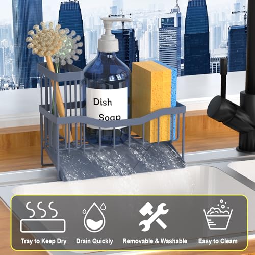 Fssvcd Maifan Sink Caddy Sponge Holder for Kitchen with Brush Holder and Stainless Steel Self Drain Tray, Rustproof Kitchen Sink Organizer for Sponge, Soap Dispenser Storage Accessories Grey Blue - color: Grey Blue