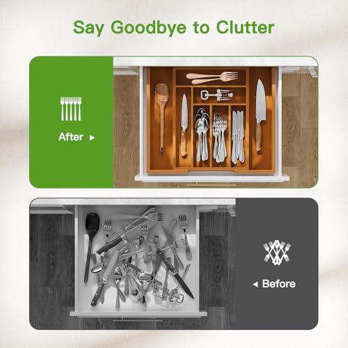 Pipishell Bamboo Expandable Drawer Organizer for Utensils Holder, Adjustable Silverware Organizer Cutlery Tray, Drawer Dividers for Utensils, Flatware, Knives in Kitchen, Bedroom, Living Room Brown - color: Brown, size: Large