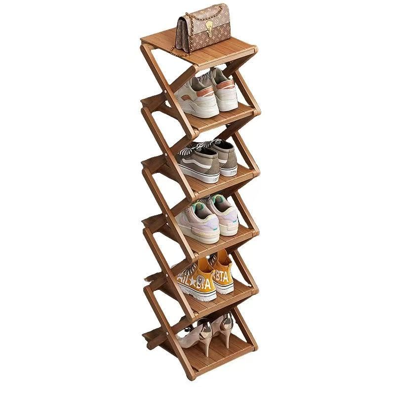 Bamboo Shoe Rack - No Assembly Required, Tall Narrow Foldable Shoe Organizer, Space-Saving Multifunctional Shelf for Entryways, Corners, Bedrooms, Balconies, 6 Layer Brown (Reinforced And Thickened ) - color: Brown, size: 6 Layers