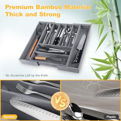 Large Premium Bamboo Silverware Organizer - Expandable Drawer Organizer & Utensil Organizer - 17"x19.7" Cutlery Tray with Dividers for Kitchen Utensils and Flatware (7-9 Slots) (Grey) - color: Grey, size: 9 Slots Expandable