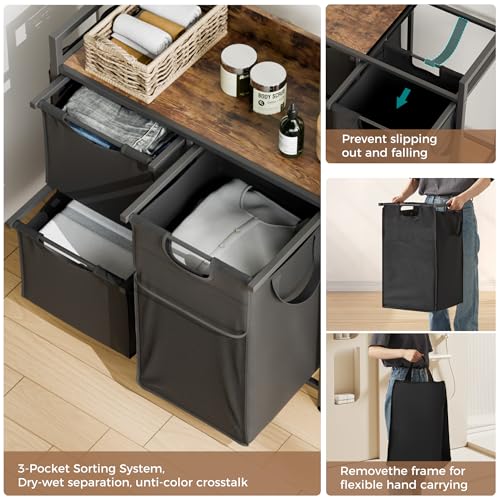 Laundry Sorter with 3 Sections, Laundry Hamper with Wheels, Laundry Basket with Small Side Pockets and Pull-Out Removable Liners,for Laundry Room Bedroom Bathroom (100L) - size: 100L