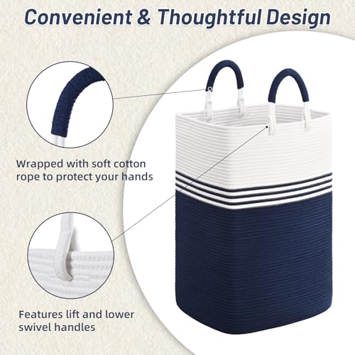 Laundry Basket Hamper,Blanket Storage,Dirty Clothes Hamper with Swivel Handles,Woven Cotton Rope Toy Baskets,Blanket Basket Living Room,Decorative Hampers for Nursery,Bedroom,White & Blue,60L - color: White & Blue, size: 60L