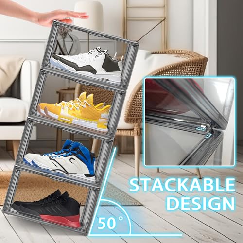 12 Pack Large Shoe Organizers Storage Boxes for Closet Clear Plastic Stackable Shoe Box Storage Bins with Lids, Under Bed Shoe Containers for Entryway, Size 12 Gray - color: Black, size: Medium