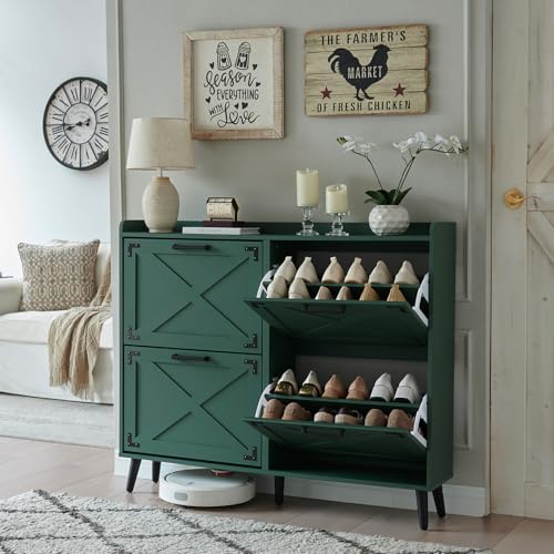 Barnyatoh Shoe Storage Cabinet,Farmhouse Shoe Organizer with 4 Flip Drawers & Barn Door Design,Freestanding Hidden Slim Narrow Shoe Rack Cabinet for Entryway,Foyer,Hallway,Green - color: Green, size: 4-Drawers