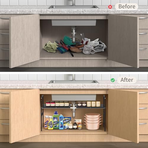 Expandable 2-Tier Under Sink Organizer, 8 Removable Plastic Boards, Tool-Free Installation (Black, 1-Tier 4 Boards) - color: Black, size: 1-TIER 4 Boards
