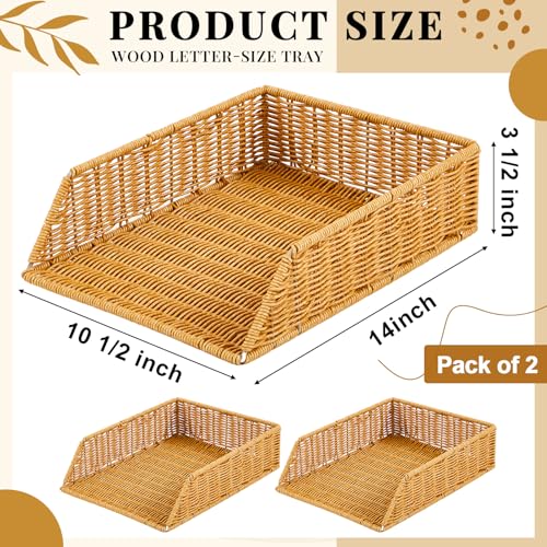 Yeaqee 2 Pcs Paper Tray Organizer for Desk Woven Letter File Organizer A4 File Tray Desk Paper Basket Letter Size Imitation Rattan Holder Organization Rack for Office Storage(Brown,Sleek Style) - style: Sleek Style
