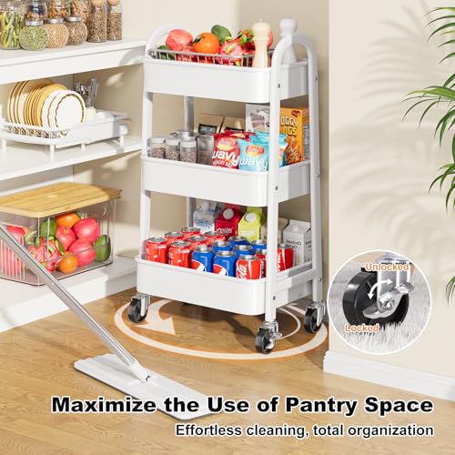 3 Tier Rolling Cart with Wheels for Pantry Organizers and Storage, Metal Utility Kitchen Cart for Fruit and Vegetable Storage, Snack Carts for Kitchen Organization, Art, Craft, Bathroom, Lash, White - color: White, size: 3 Tier+Cups+Hooks
