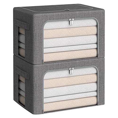 CYhom Clothes Storage Bins Box - Linen Fabric Foldable Stackable Container Organizer Set with Clear Window & Carry Handles & Metal Frame (Dark Gray, Medium-36L) - color: Dark Gray, size: Medium-36L