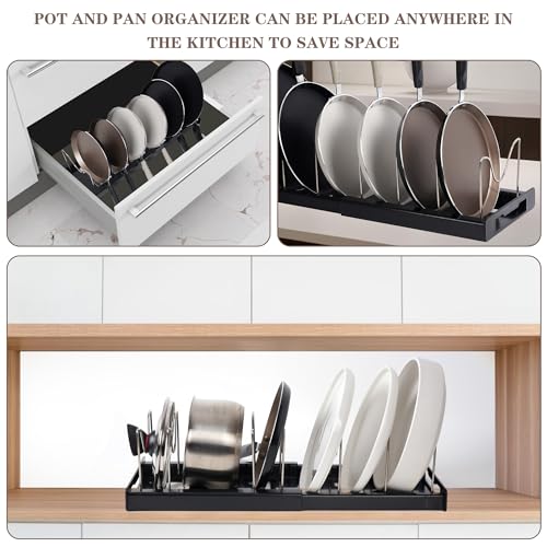Expandable Pot and Pan Organizer Rack with 7 Stainless Steel Adjustable Shelves, for Neatly Storing Cookware, Pots, Pans, Lid (Style 1) - color: Black（Style 1）