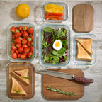 Set of 4 Stackable Space-Saving Nesting Glass Bowls with Airtight Acacia Lids for Lunch, Meal & Food Prep - Microwave & Oven-ready BPA Free Durable Heat Resistant Inert Borosilicate Glass - color: 4 Containers with Acacia Lids (Ribbed)