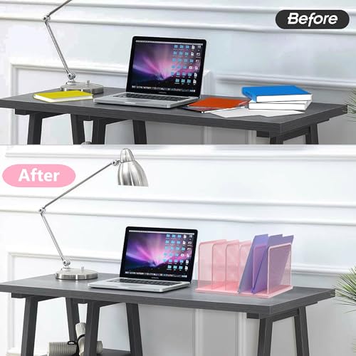 Kuntine.B Desk File Organizer Upright Mesh Desktop Organizer File Sorter Office Organization File Holder for Home, Office & Classroom (Pink, 1 Pack 5-Section) - color: Pink, size: 1 Pack 5-Section