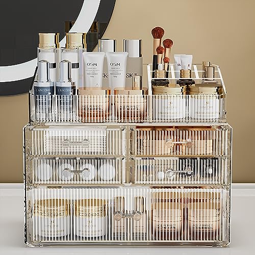 ZHIAI Stackable Organizer, Acrylic Cosmetic Organizer for Dresser, Vanity, Kitchen Cabinet, Bathroom, Under Sink, Home Organization and Storage (1 Top 5 Drawers) - color: (1 Base, 4 Drawers) with Top