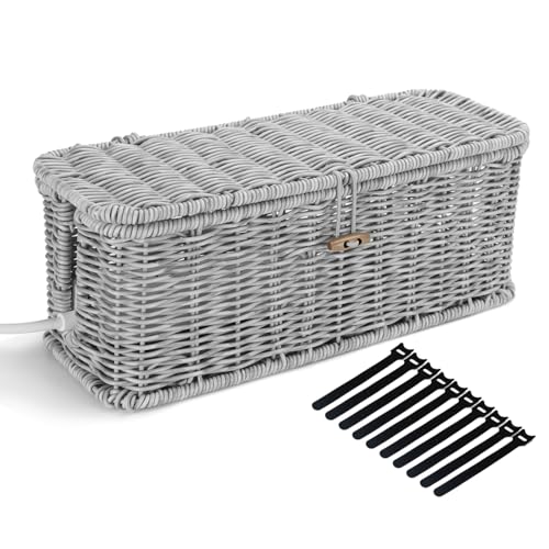 Cable Management Box, Desk Handwoven Rattan Cord Hider Cable Organizer Box With Lid Button Lock, Power Strip Cover Wicker Decorative Basket, Floor Wire Hiding Extension Cord Box (grey) - color: Grey