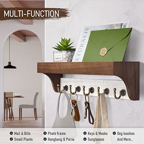 Rebee Vision Key Holder for Wall with Shelf - Farmhouse 2-Color Key Rack with 5 Retro Keys Hooks and Primitive Wood Mail Organizer Wall Mount - Decorative Rustic Home Decor (Brown & White) - color: Brown&White