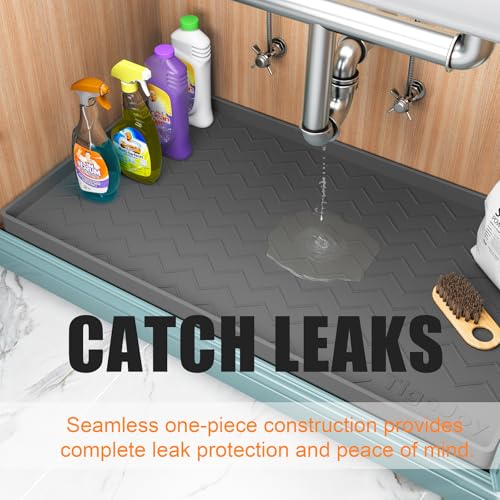 TigeJoy 34" x 19" Under Sink Mats for Kitchen Waterproof, Leak-Proof Silicone Mat Sink Protector and Cabinet Liner, Kitchen Essentials Organizer and Storage, Boot or Shoe Tray, Pet Feeding Mat - color: Beige, size: 19"W x 34"L