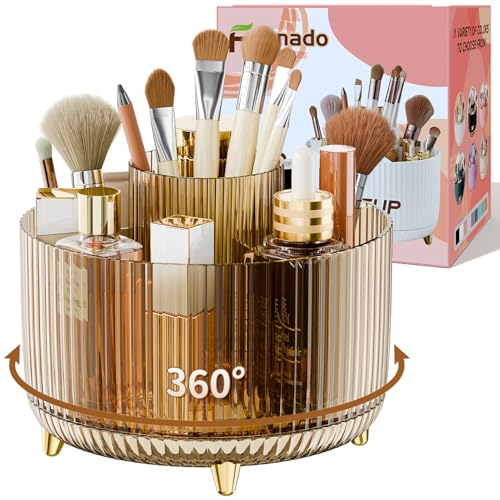 Clear Rotating Makeup Organizer Countertop for Vanity, 360° Makeup Brush Holder Organizer with 5 Compartments, Transparent Cosmetic Storage for Lipstick, Skincare, Bathroom Counter (Transparent Amber) - color: Transparent Amber