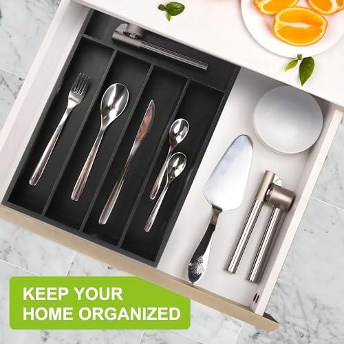 Unibambou Bamboo Kitchen Drawer Organizer - silverware organizer - Cutlery Tray - Utensil Tray - drawer dividers and Utensil Holder with Wood Silverware Holder for Flatware Cutlery (5 Slots, Black) - color: Black, size: Medium 10x14 Inch