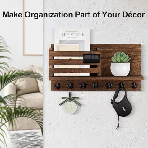 Lwenki Key Holder for Wall – Decorative Wooden Mail Holder and Key Shelf with Mounting Hardware, Installation Guide – Paulownia Wood with Metal Key Hooks (Brown, Extra Large - 15.6inch) - color: Brown, size: Extra Large - 15.6inch