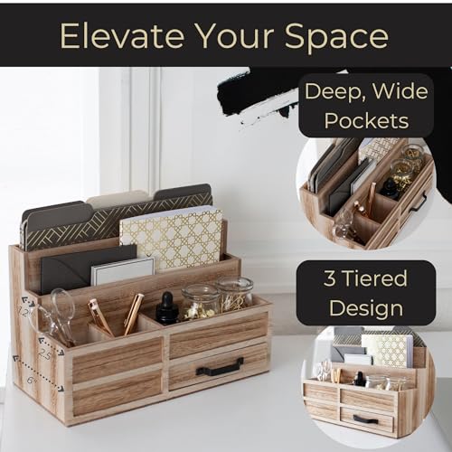 BLU MONACO | Natural Wood Mail Organizer with Drawer & Pen Holder | Rustic Desk Organizer for Bills, Letters & Countertop Storage | Wooden Desktop Mail Sorter for Home & Kitchen - color: Natural Wood