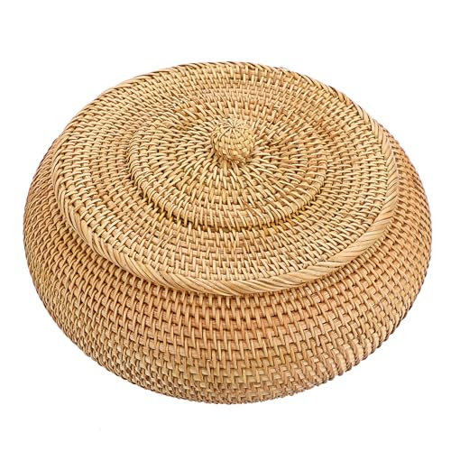 Hipiwe Round Rattan Boxes with Lid Natural Woven Storage Basket Bin Multi-Purpose Wicker Tray Weaving Decorative Shelf Basket Farmhouse Picnic Bread Fruit Table Storage Basket - size: Large，8.9"D x 4.7"H