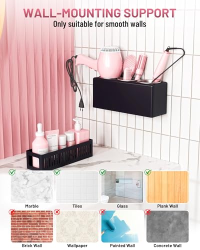 Hair Tool Organizer, Detachable Hair Dryer Holder with 3 Stainless Steel Cups, Wall Mounted Bathroom Organizers and Storage for Accessories, Curling Irons, Straighteners, Toiletries, Makeup - color: Black