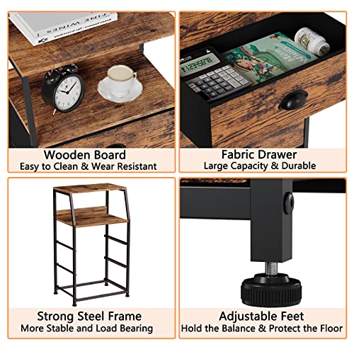 Furnulem Nightstand with 3 Drawers and 2-Tier Shelf, Fabric Small Dresser Organizer Vertical Storage Tower for Bedroom, Closet, Hallway, Nursery, End Table Side Furniture, Sturdy Steel Frame, Wood Top - color: Rustic Brown, style: 3 Drawers