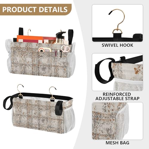 Bedside Caddy Metal Frame Hanging Organizer Bunk Bed Dorm Accessories Hook And Loop Storage Bag Large Pockets Grey Retro Bohemian - color: Grey Retro Bohemian