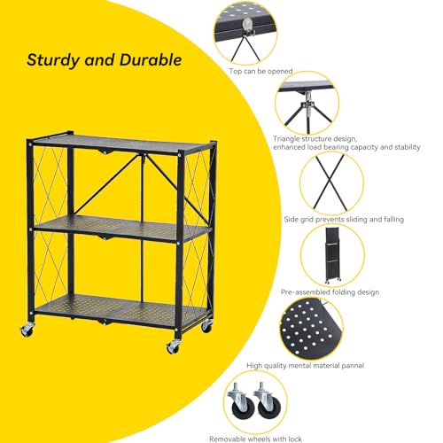 BRIAN & DANY 3-Tier Foldable Storage Shelves with Wheels, No Assembly Folding Shelf Metal Rack, Shelving Unit for Kitchen, Garage, Black - color: Black, size: 3-tier