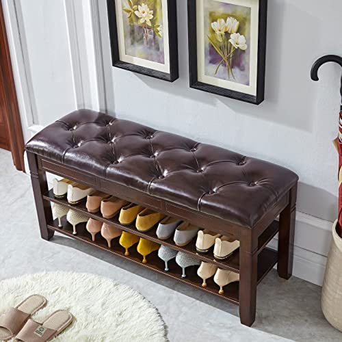 LEILISI Shoe Bench, Storage Rack Organizer with Cushion 2 Tier Lift Top Shoe Rack for Entryway Living Room Bedroom Hallway Wooden Furniture (Brown, 39.4'') - color: Brown, size: 39.4