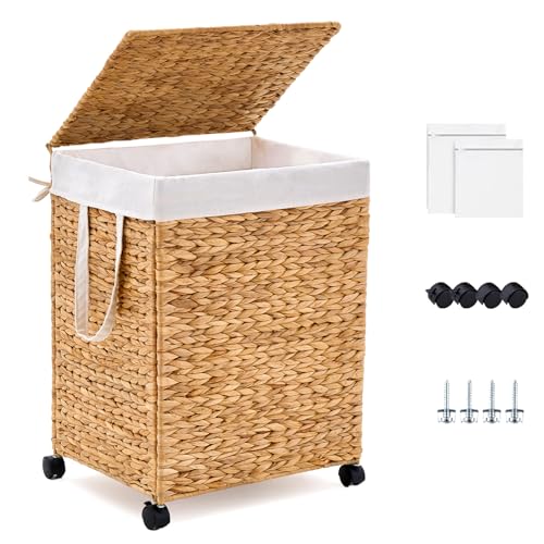 Rolling Laundry Hamper with Lid, Natural Water Hyacinth Basket with Removable Liner, Wheel or Non-Slip Installation Laundry Basket for Home Use (Natural, 100L) - color: Natural, size: 100L