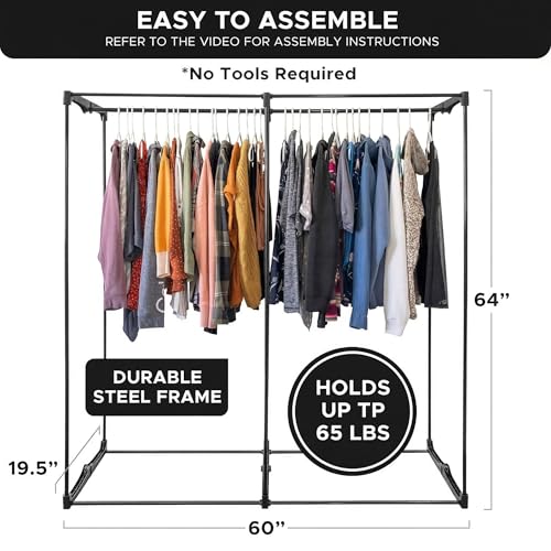 HOLDN’ STORAGE Portable Wardrobe Closet - 65 lb Large Capacity, Internal Heavy Duty Metal Rod, Zipper & Clear Window, Durable Clothes Organizer, Tool-Free Easy Assembly, Dark Gray Canvas Cover - color: Dark Gray, size: Large