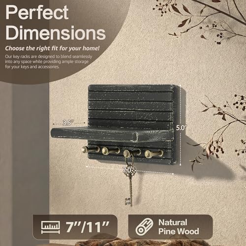 Rebee Vision Pine Wooden Key Holder Wall Mount for Home Decor – 7-inch Key Rack for Wall with 4 Sturdy Hooks & Mini Floating Shelf - Ideal Apartment Essentials for Home and Kitchen (Old Black) - color: OldBlack, size: Small-7inch