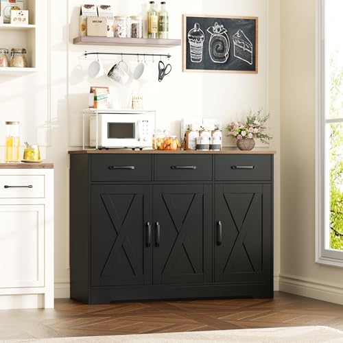 HOSTACK Modern Farmhouse Buffet Sideboard Cabinet, Barn Doors Storage Cabinet with Drawers and Shelves, Wood Coffee Bar with Storage for Dining Room, Kitchen, Living Room, Black/Rustic Brown - color: Black/Rustic Brown