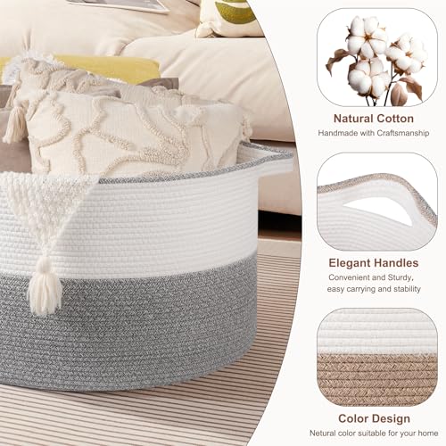 OIASKET XXL Large Blanket Basket with Handles, 105L Woven Storage Basket for Living Room, Cotton Rope Baby Toy Storage for Clothes, Pillows, Towels-Grey & White - color: Grey & White, size: 105L