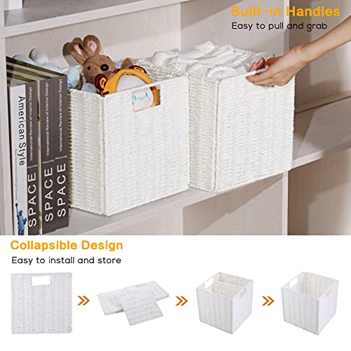 Vagusicc Wicker Storage Basket, Set of 2 Hand-Woven Wicker Baskets for Organizing, Foldable Cube Storage Basket Bins, 13 Inch Large Wicker Storage Baskets for Shelves & Decor, White (13''x13''x13'') - color: White, size: 13'' x 13'' x 13''