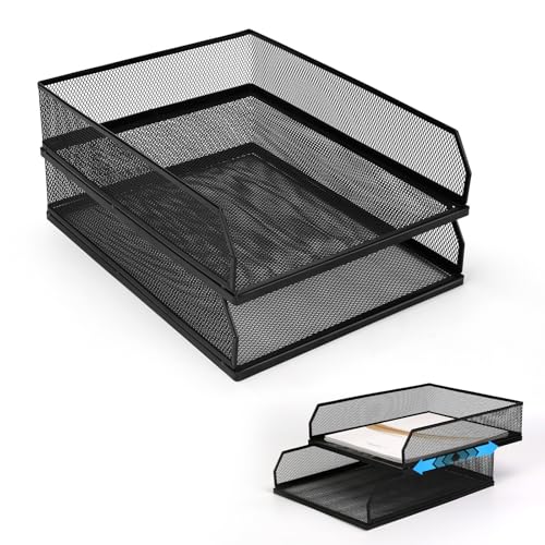 Stackable Paper Tray Desk Organizer, 2 Pack Letter File Tray, Wire Mesh Desktop Organizer, Front-Load Metal A4 Paper Sorter Documents Storage Holder Tray for Office Supplies Home School Classroom - size: Lengthways
