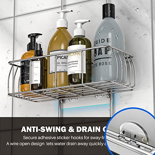 Epicano Anti-Swing Hanging Shower Caddy Stainless Steel 304, Over Head Shower Caddy Rustproof with hooks for Towels, Sponge and more, Chrome - color: Silver