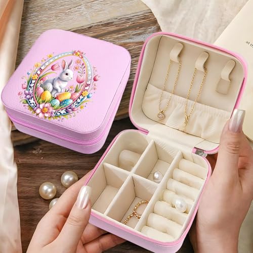 Bunny Pattern Portable Print Jewelry Box, 1pcs Pink Compact Jewelry Box Travel Jewelry Case Travel Case Organizer Bag Storage Box Jewelry Holder For Necklace Earrings Ring Bracelet - color: Easter bunny